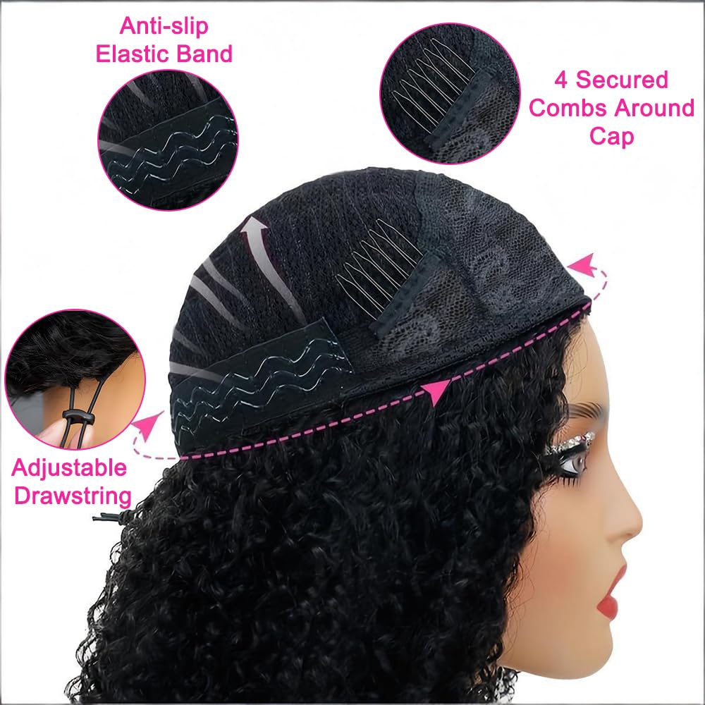 Parrucca riccia con capelli umani 3 in 1, senza cuciture, senza colla, con coulisse, densità 200, parrucca per principianti per donne nere, onda profonda, colore naturale 71 cm