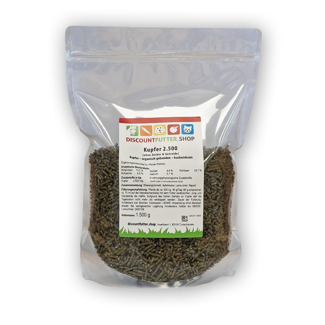 Kupfer 2.500 Pellets für Pferde, organisch gebunden, 1,5 kg