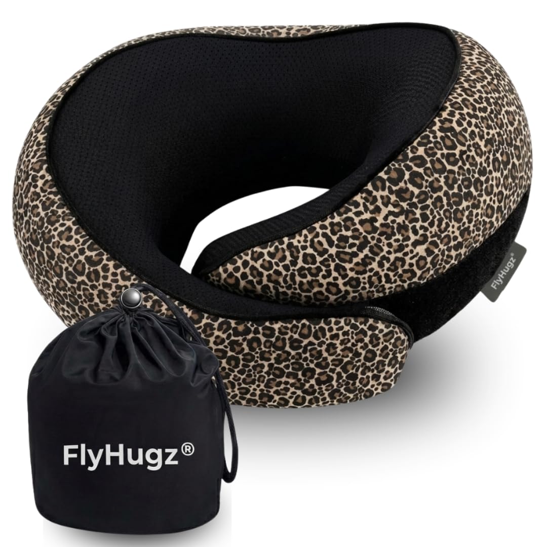 FlyHugz® Neck Travel Pillow Memory Foam Neck Pillow for Comfort on Airplane Compact and Ergonomic Design for Travel, Car Rides, and Home Use Ideal for Adults and Kids. (Leopard Print)