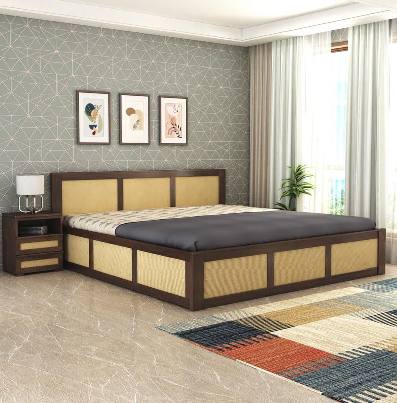 Image of Solid Sheesham Wood Queen Size Bed with Box Storage for Bedroom Home Living Room Hotel Wooden Double Bed Cot Palang Furniture (Walnut Finish)