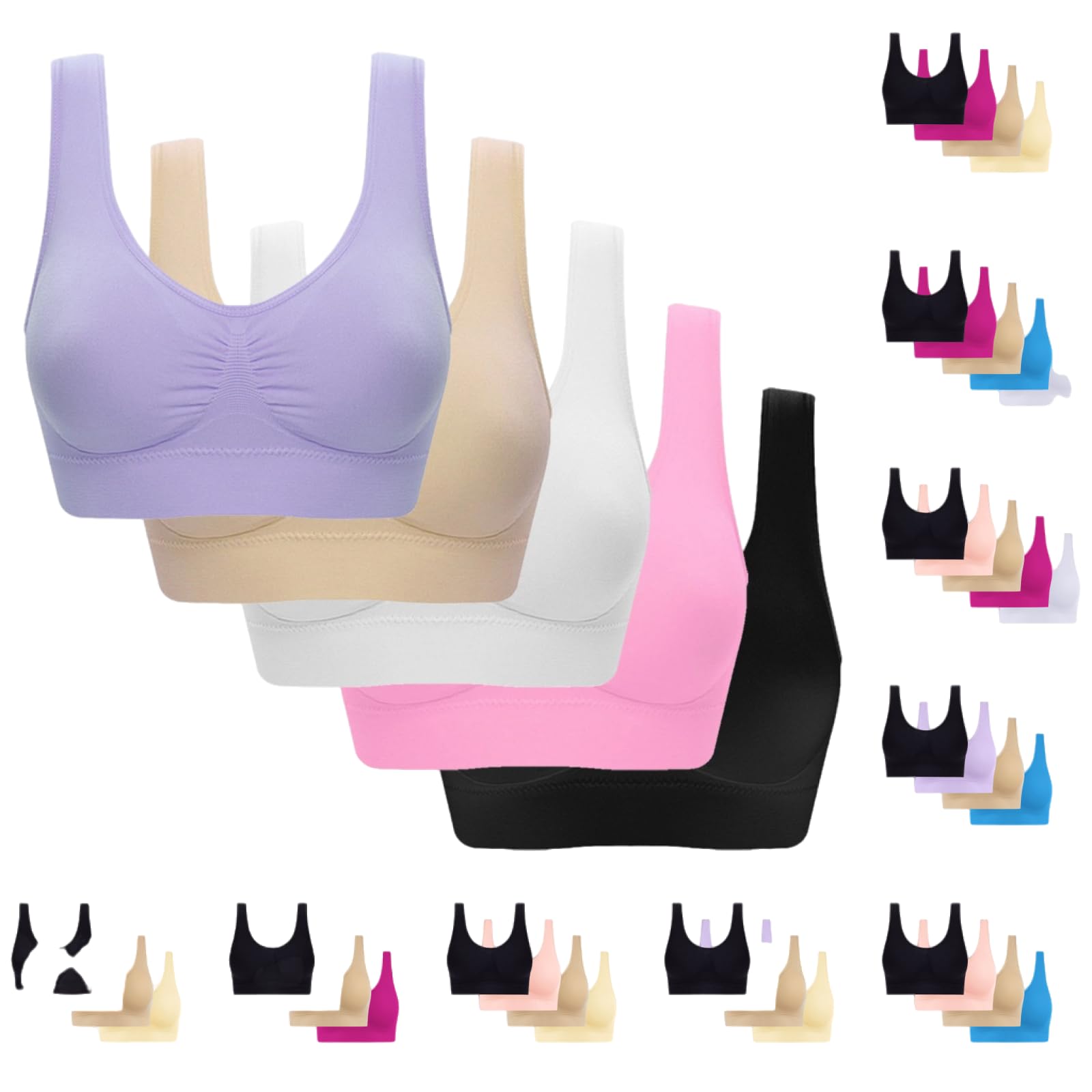 5 Pack Sport Bras for Women High Impact Support Wireless Bra Seamless Comfortable Breathable Push Up Bra