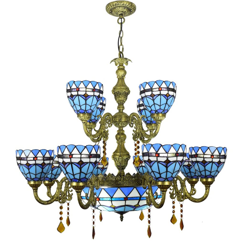 FYZDLAOR 12+1-Light Chandelier,with Mediterranean Blue Lampshade Pendant Light Light Fixtures,Tiffanystyle Stained Glass Hanging Light Wide 36 Inch with Crystal Pendant