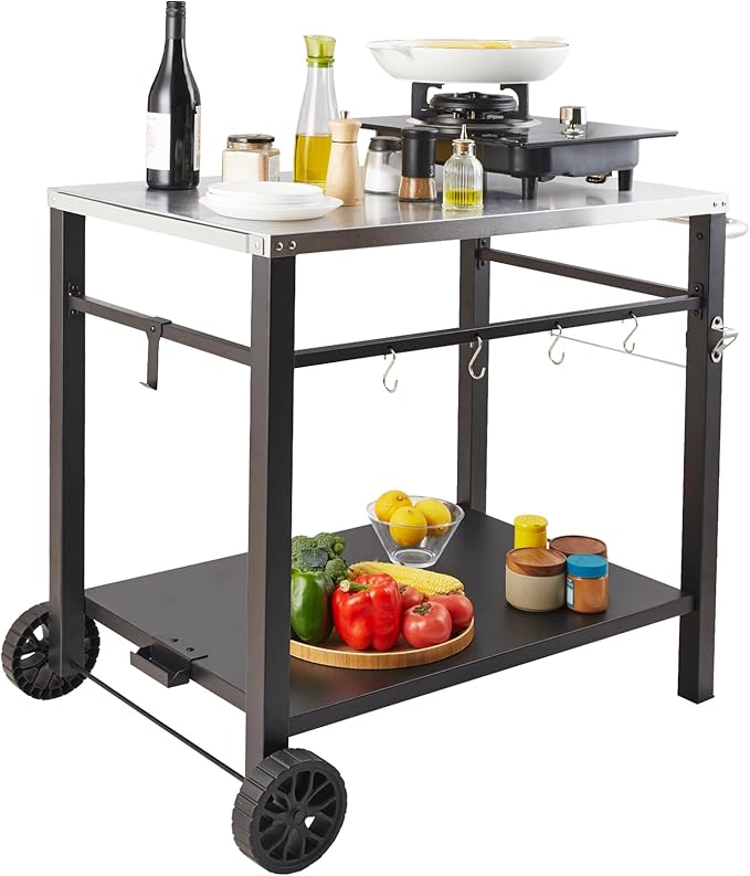 Outdoor Grill Dining Cart with Double-Shelf, BBQ Movable Food Prep Table, Multifunctional Stainless Steel Table Top, Portable Modular Carts for Pizza Oven, Worktable with 2 Wheels, Carry Handle