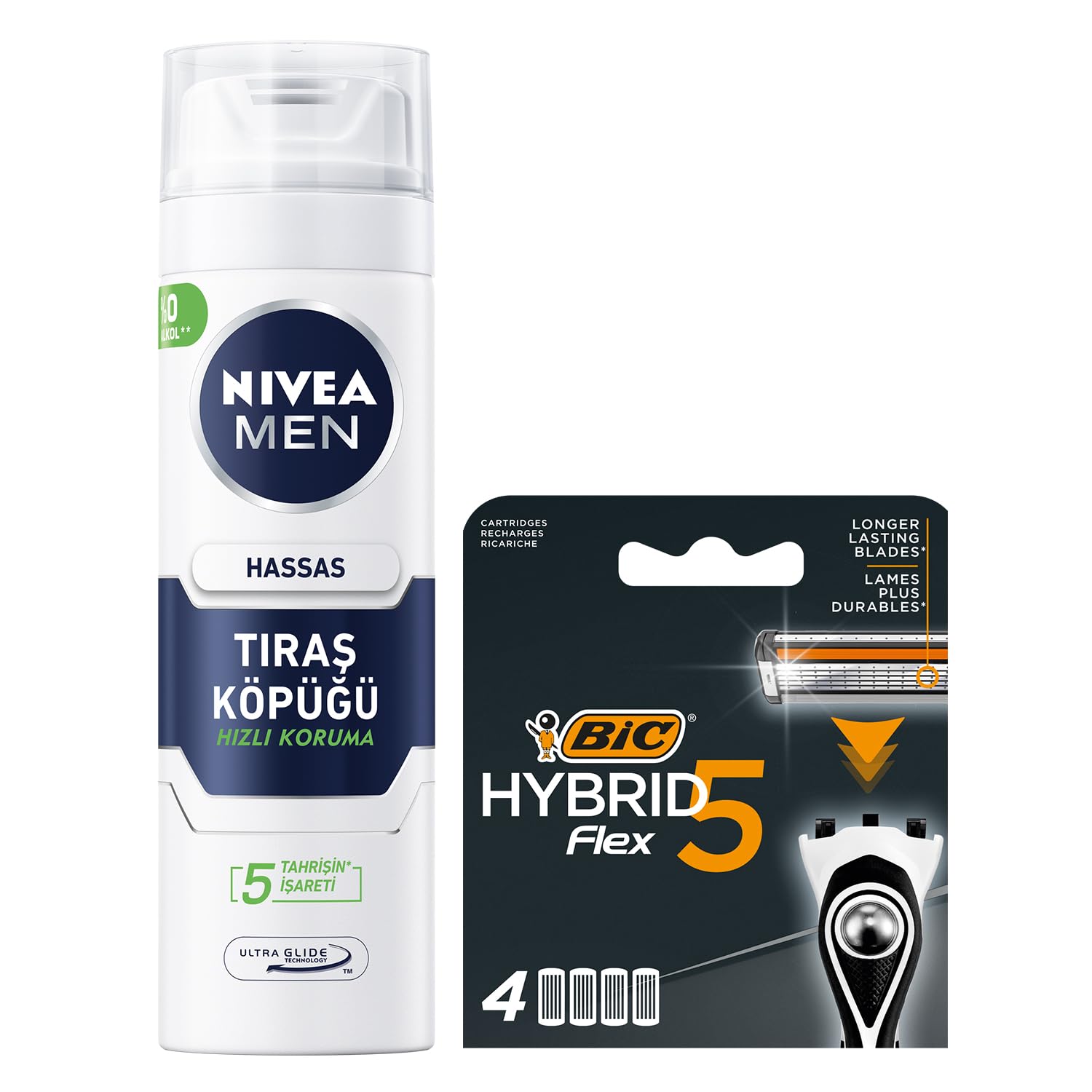 NIVEA MEN Erkek Hassas Tıraş Köpüğü 200 ml + BIC Hybrid 5 Flex 4'lü Yedek Tıraş Bıçağı Kartuşu (5 Bıçak)