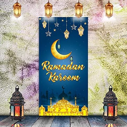 Eid Mubarak Banner for Ramadan Eid Decorations, Eid Mubarak Decorations Kareem Backdrop Banner Fabric Ramadan Mubarak Sign Background for Muslim Ramadan Party Supplies, 185 * 90cm Cover