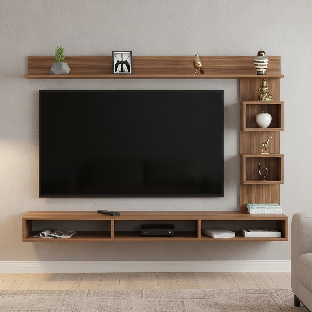 FURNEASER Elite Engineered Wood Wall Mount TV Unit, Set Top Box Stand with Display Shelves, Modern Tv Rack, Showcase, Cabinet (Exotic Teak & White) for 43 inch TV (Exotic Teak)-image-38