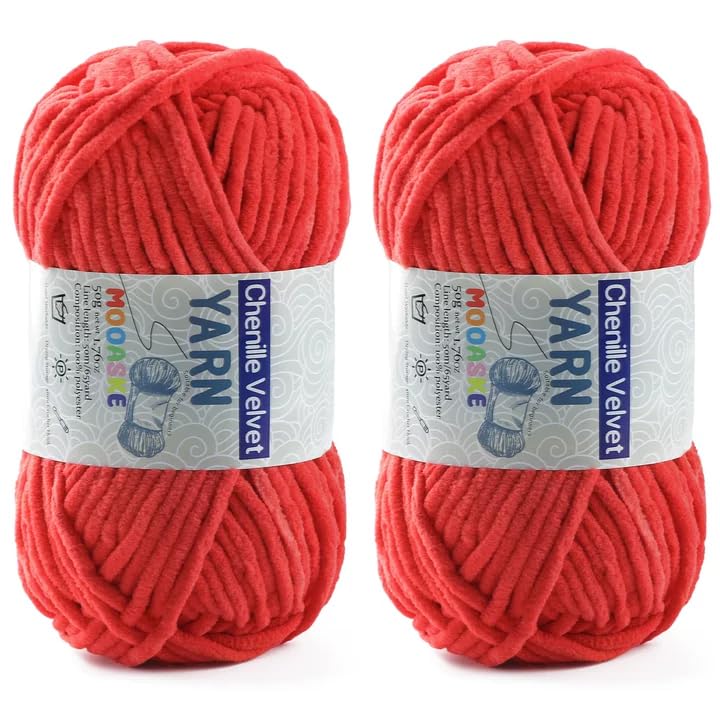 Image of 2 Pac Chenille Yarn for Crocheting - Fluffy Yarn for Crochet - Soft Yarn for Crocheting Blankets Weight Per Roll 50g /1.76oz, Length 60m /65yard (2, Red)