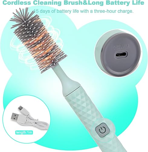 Miniatura 6 de Juego de limpiador eléctrico recargable para botellas con limpiador de cepillo de silicona de 3 piezas para biberones y cepillo limpiador de