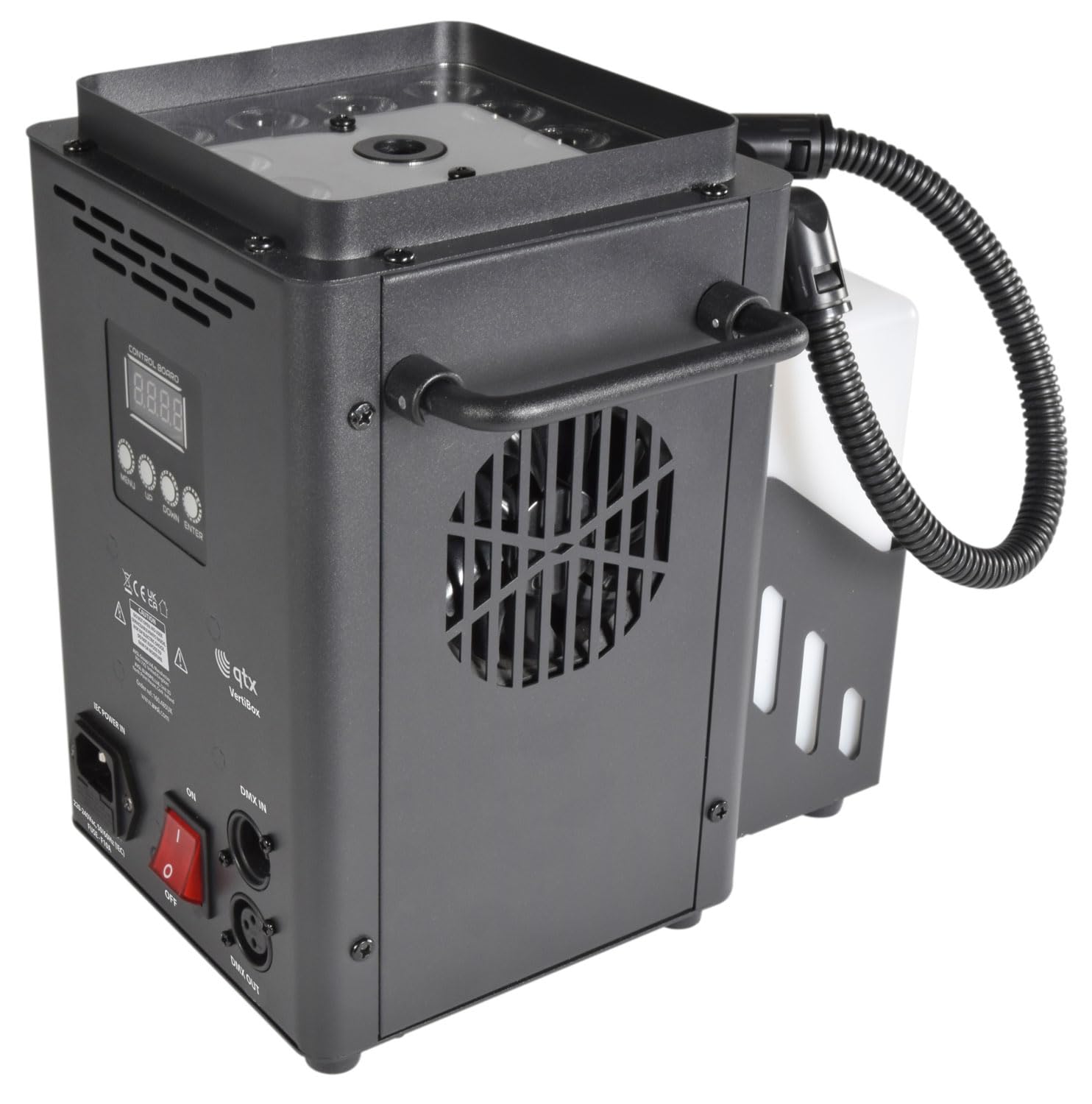 QTX VertiBox Compact Vertical LED Fog Machine | Portable Party Smoke & Light Effect for DJs, Home Disco, Stage, Xmas & Halloween | Wireless Remote, DMX, RGB LED