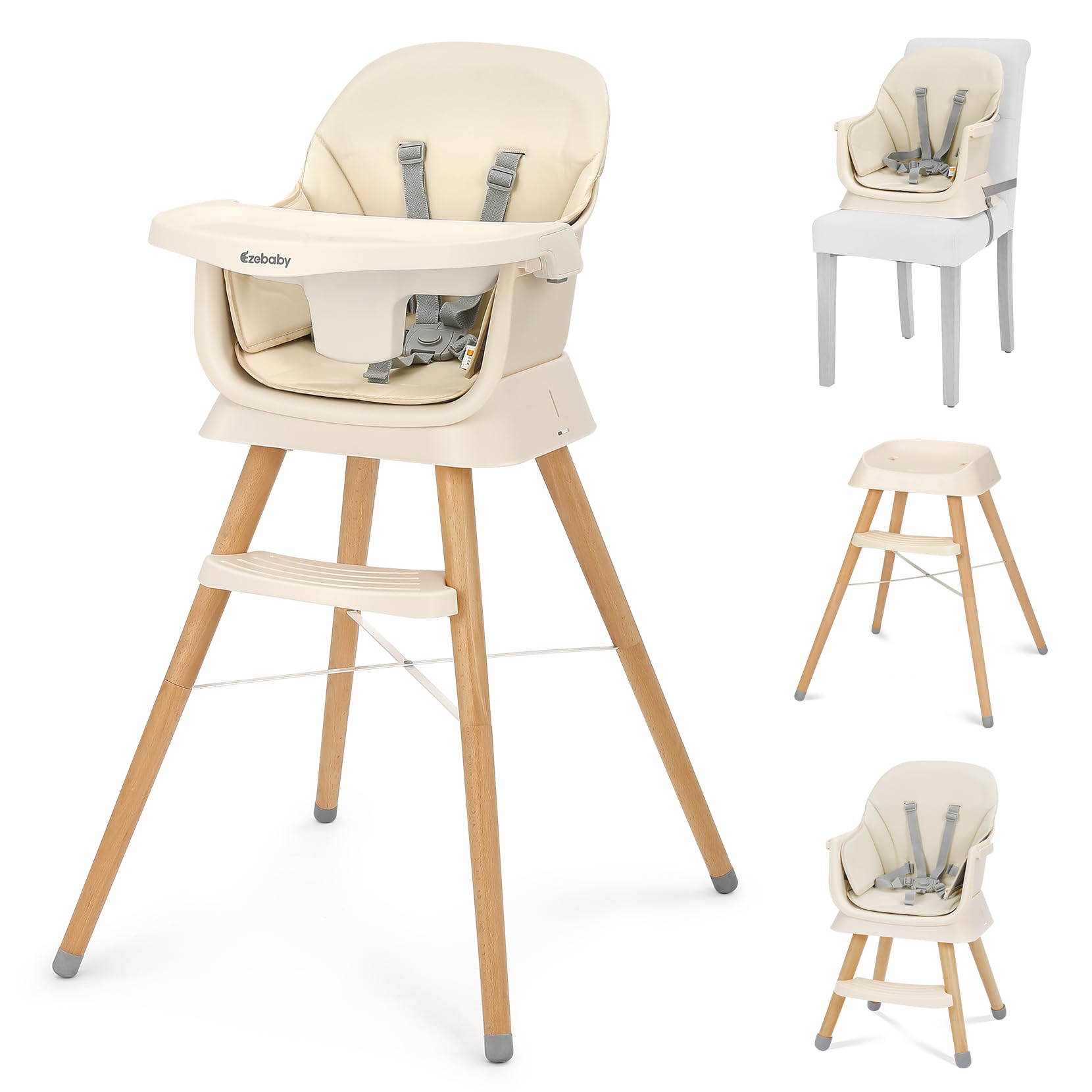 Portable Baby High Chair, High Chairs for Babies and Toddlers with Adjustable Legs, 6-in-1 Convertible to Booster Seat for Dining Table, Toddlers High Chair with Removable Cushions - Cream