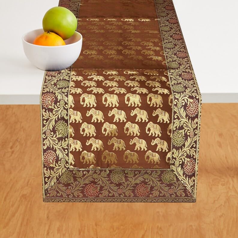 Image of Living Room Decor Handmade Banarasi Silk Table Runner for Center /Dining Table (16 x 60 Inches) (Heavy Zari Brocade ) (Coffee)