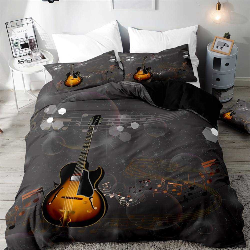 Surwin Men's Grey Bedding Set Microfiber 3Pcs For Double Single Size, 3D Guitar Duvet Cover Set With Music Printing Quilt Cover & 2 Pillowcases For King Super King Adult Kids (,Single 135X200cm)