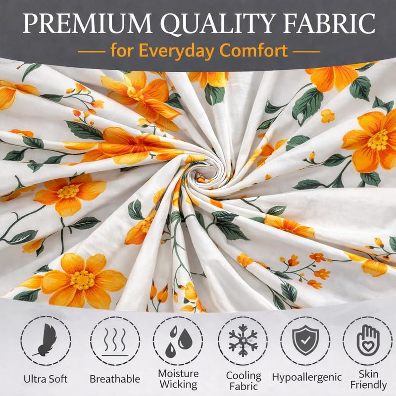 Image of Elasticated Single Bedsheet - Breathable Glace Cotton Material, Fits 6 to 8 Inch Mattress Height, Durable & Wrinkle-Free (Single, 48x72 Inches) Floral Orange