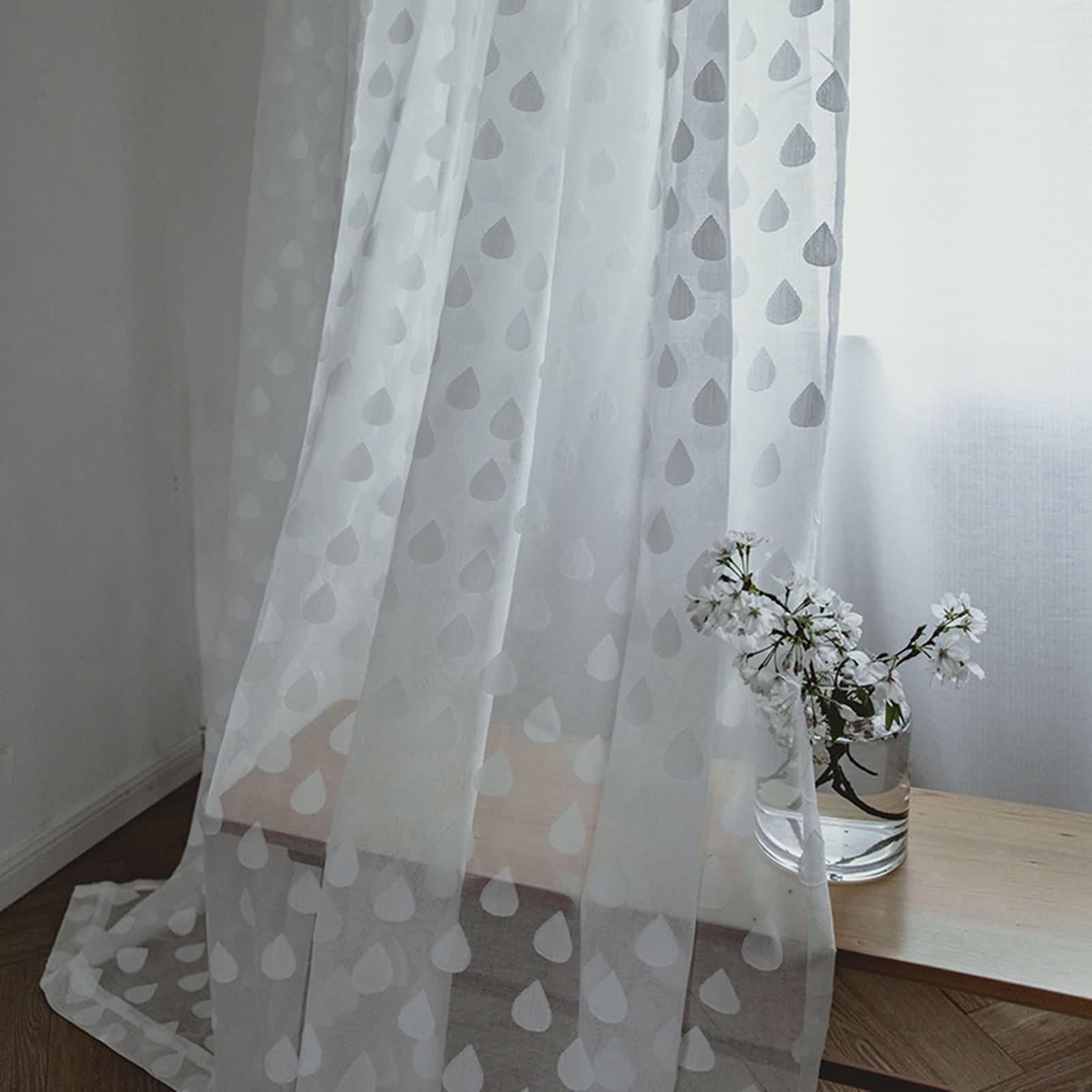 Zasłona lniana w stylu vintage, z woalu, do salonu, vintage, zestaw 2 sztuk, białe, wzór kropli wody, szer. x wys. 86 x 214 cm