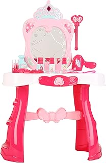 Dash Toyz Pink Light-Up Vanity Play Set Flashing Lights, Big Mirror, Cosmetics, Working Hair Dryer