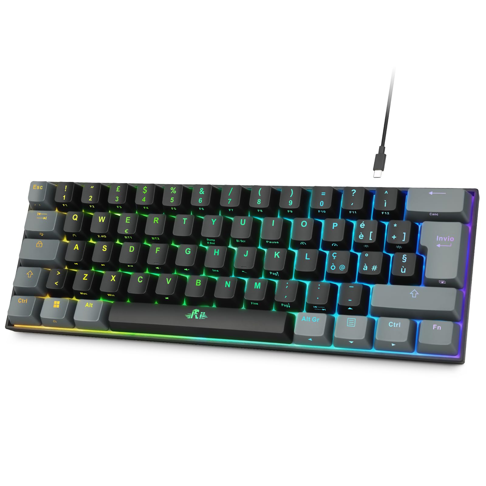 Rii Gaming RK802 - Tastiera meccanica silenziosa, dimensioni ridotte al 60%, tripla connessione (Wireless + Bluetooth + USB), batteria ricaricabile, retroilluminazione RGB 16 colori, anti-ghosting