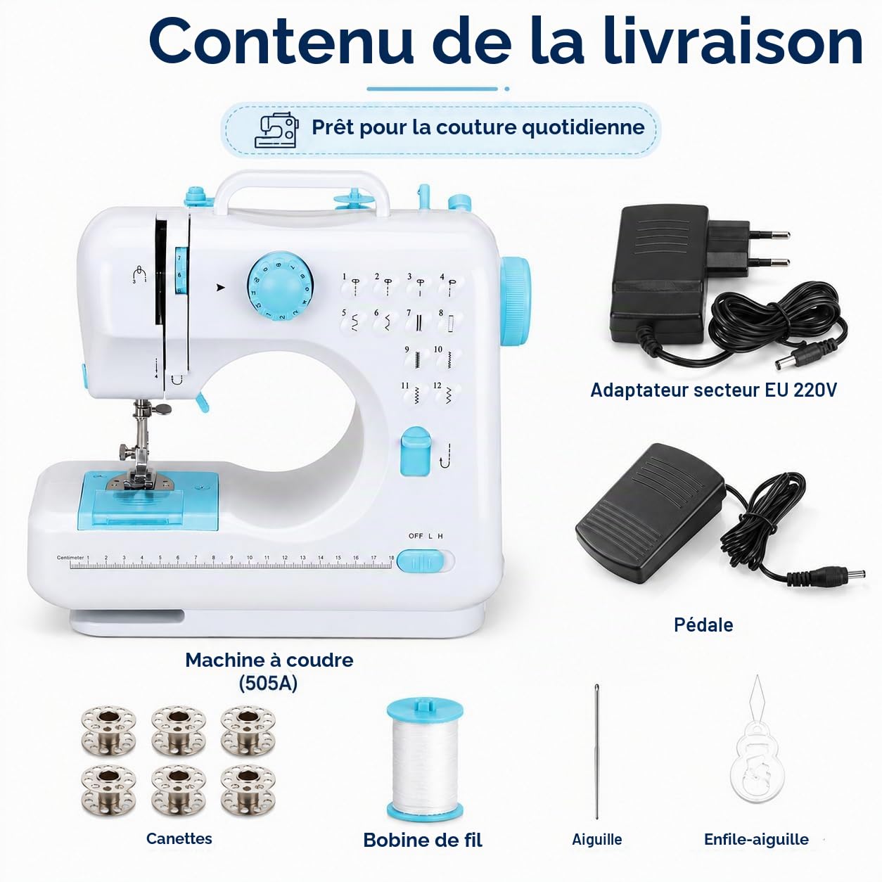 505 Machine à Coudre Électrique Avec 12 Programmes et Pédale, Facile à Utiliser et Pratique, Mini Portable Électrique Machine a Coudre a Main pour Vêtements Tissus Voyage à Domicile(Blu)