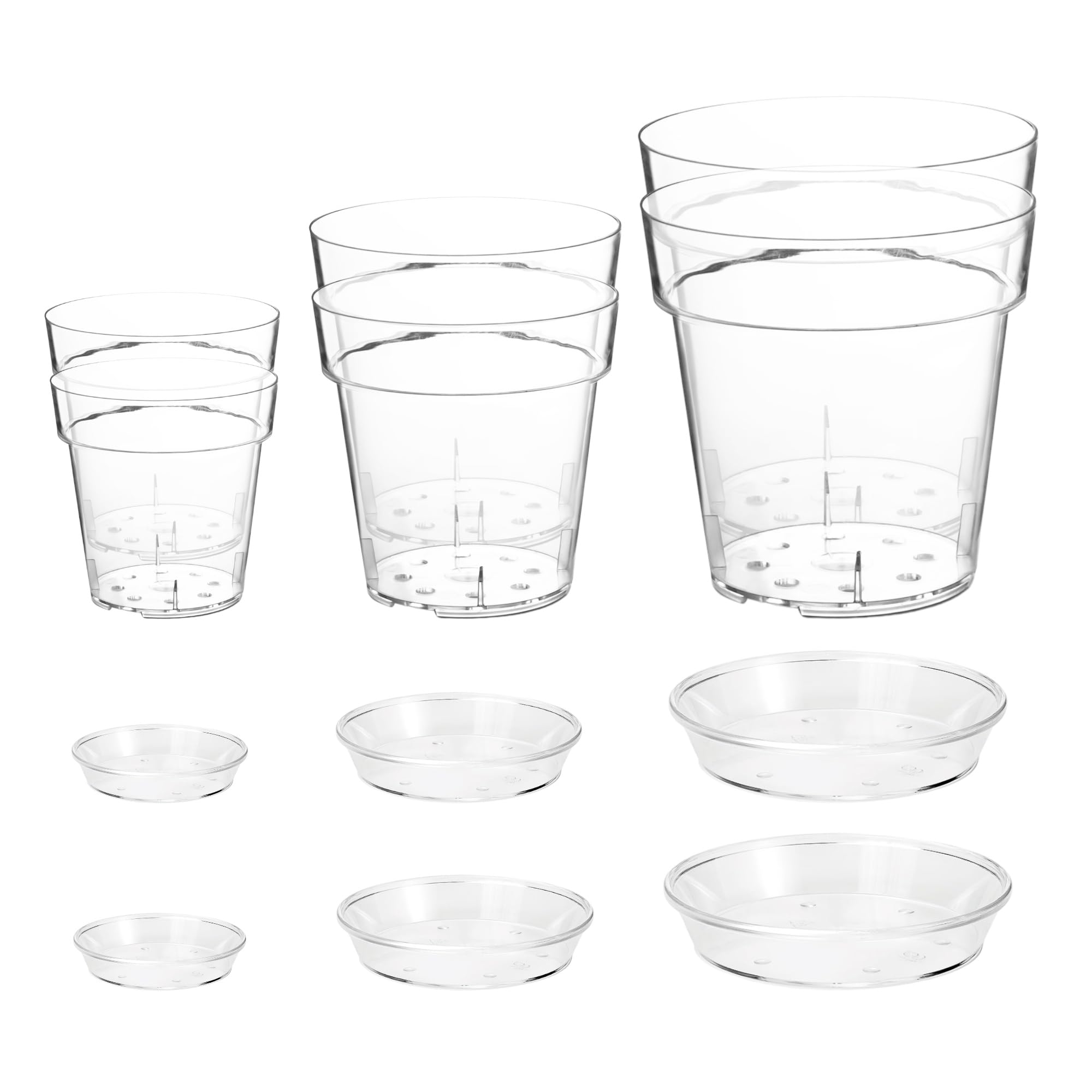 Generico Transparent Orchid Vase with Holes and Saucer, Clear Glossy Rigid Plastic, (6, Mixed 13/15/17cm)