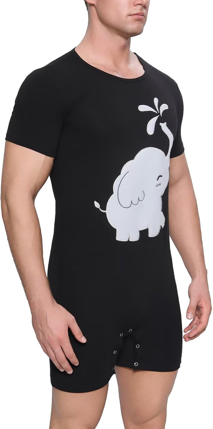 Landofgenie Mens Cotton Onesie Short Sleeve Bodysuit One Piece Pajamas Crotch Snap Shirt Elephant Embroider Romper - Image 4