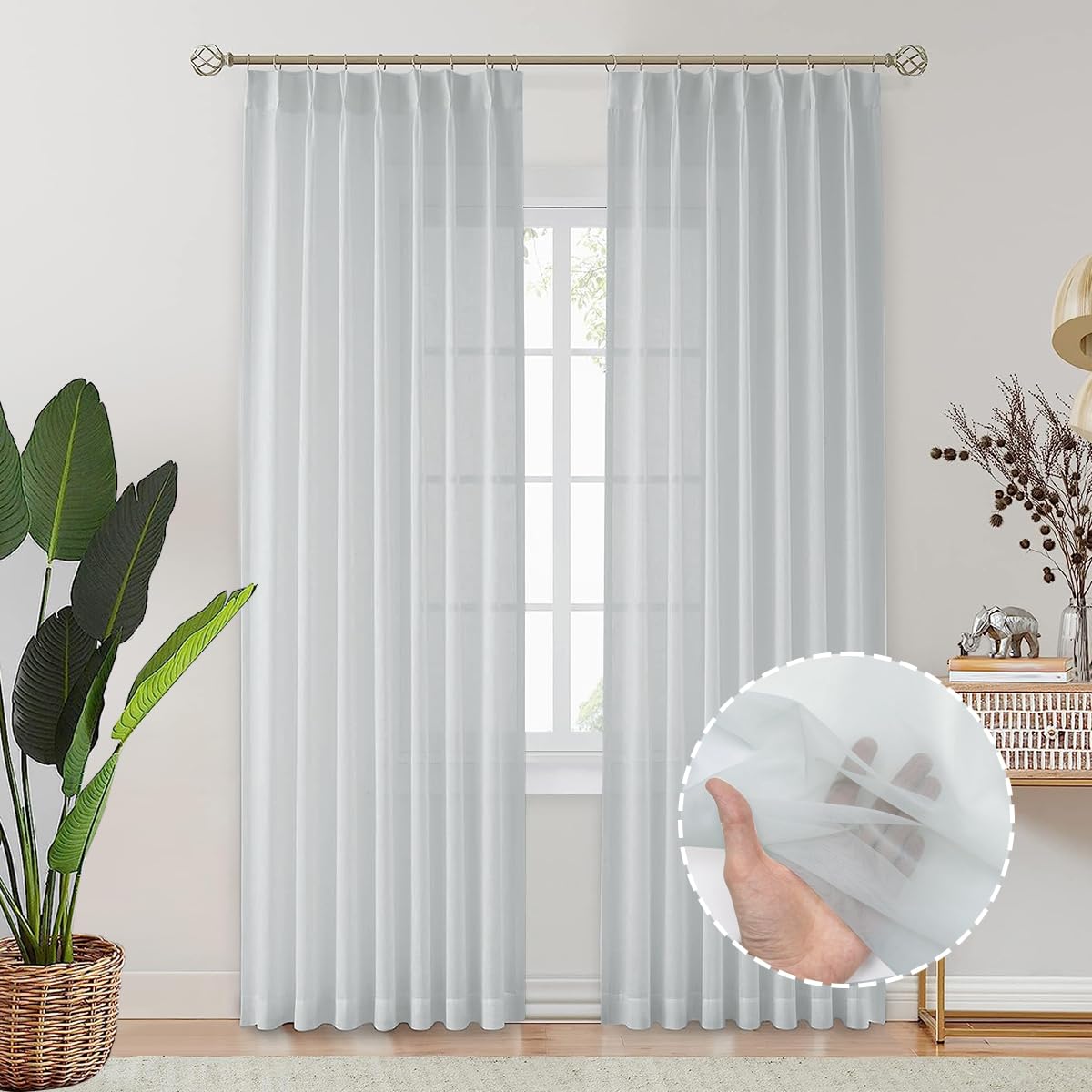 LIYAXUN Pleated Sheer Curtians for Traverse Rods, Grey Sheer Curtains 102 inches Length, Sheer Curtains for Patio Doors (2 Panels, 72 inches Wide Each Panel, Grey)