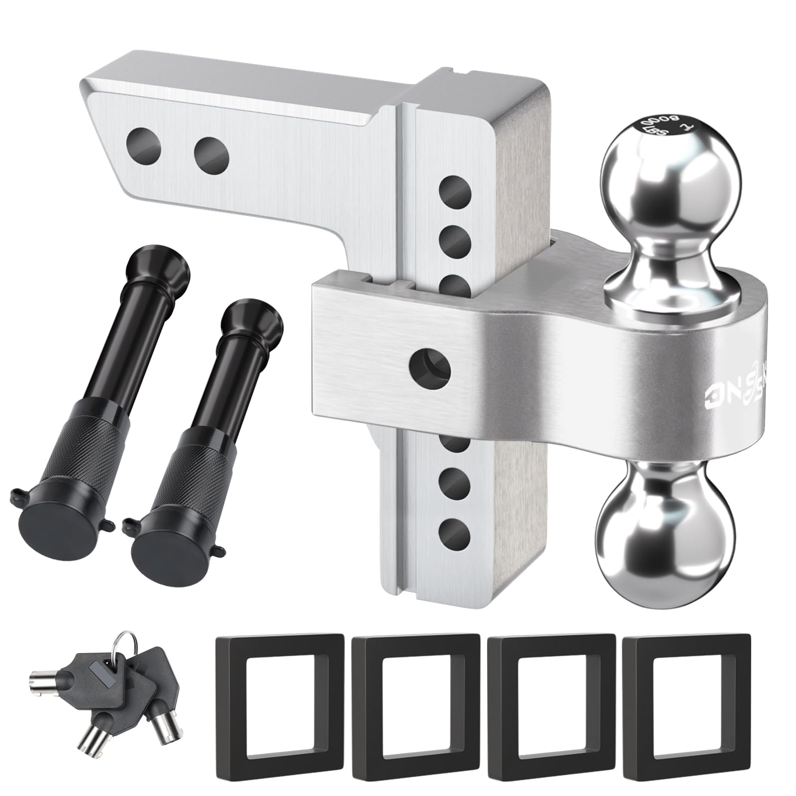 Adjustable Trailer Drop Hitch: 12,500 LBS GTW, 6" Drop Dual Ball for 2" and 2-5/16" - Fits 2 Inch Receiver, Heavy Duty Aluminum (Anti-Rattle) Silver