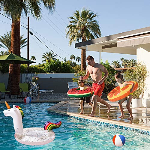 Cylord 4Pcs Inflatable Pool Floats For Adults Kids, Unicorn Swimming Pool Party Toys With Glitter, Fruit Pool Party Swim Tubes Rings & Rainbow Summer Beach Ball (Unicorn) #TOP3