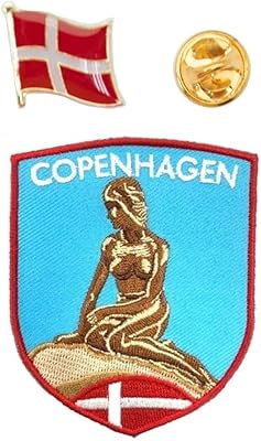 A-ONE - Copenhagen Mermaid Statue Embroidery+Denmark Flag Lapel Pin, The Little Mermaid Patch, European Country Flag Pin, Stick on Patch for Bags Backpack Hats, Danish Flag Brooch NO.241P