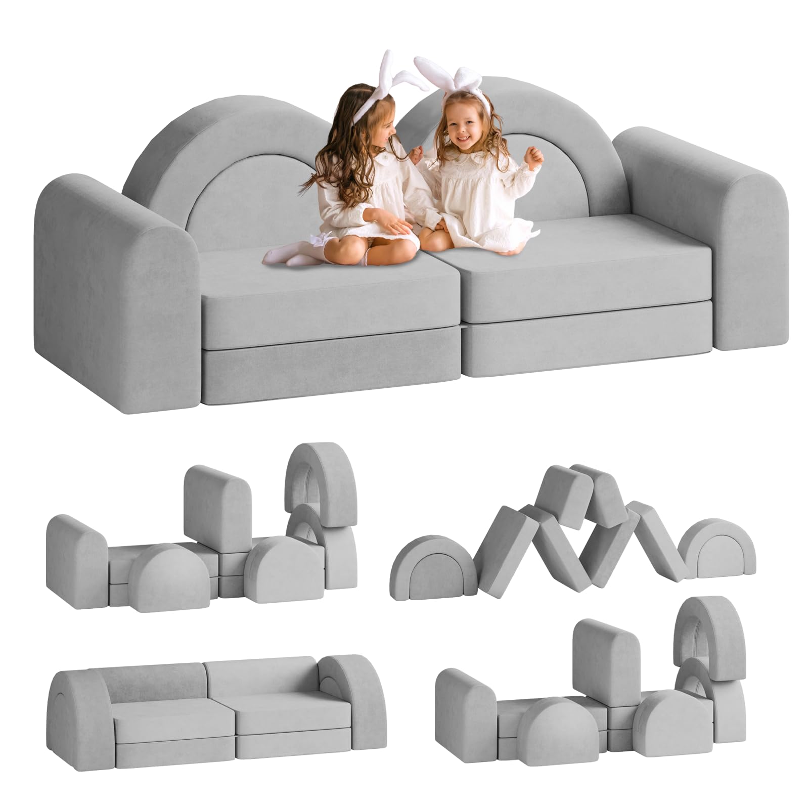 Pipleo Kids Couch, Modular Kids Play Couch, Fold Out Toddler Couch Building Fort with Balls for Playroom, Convertible Kids Floor Sofa and Foam Couch for Boys and Girls 10Pack (Grey)