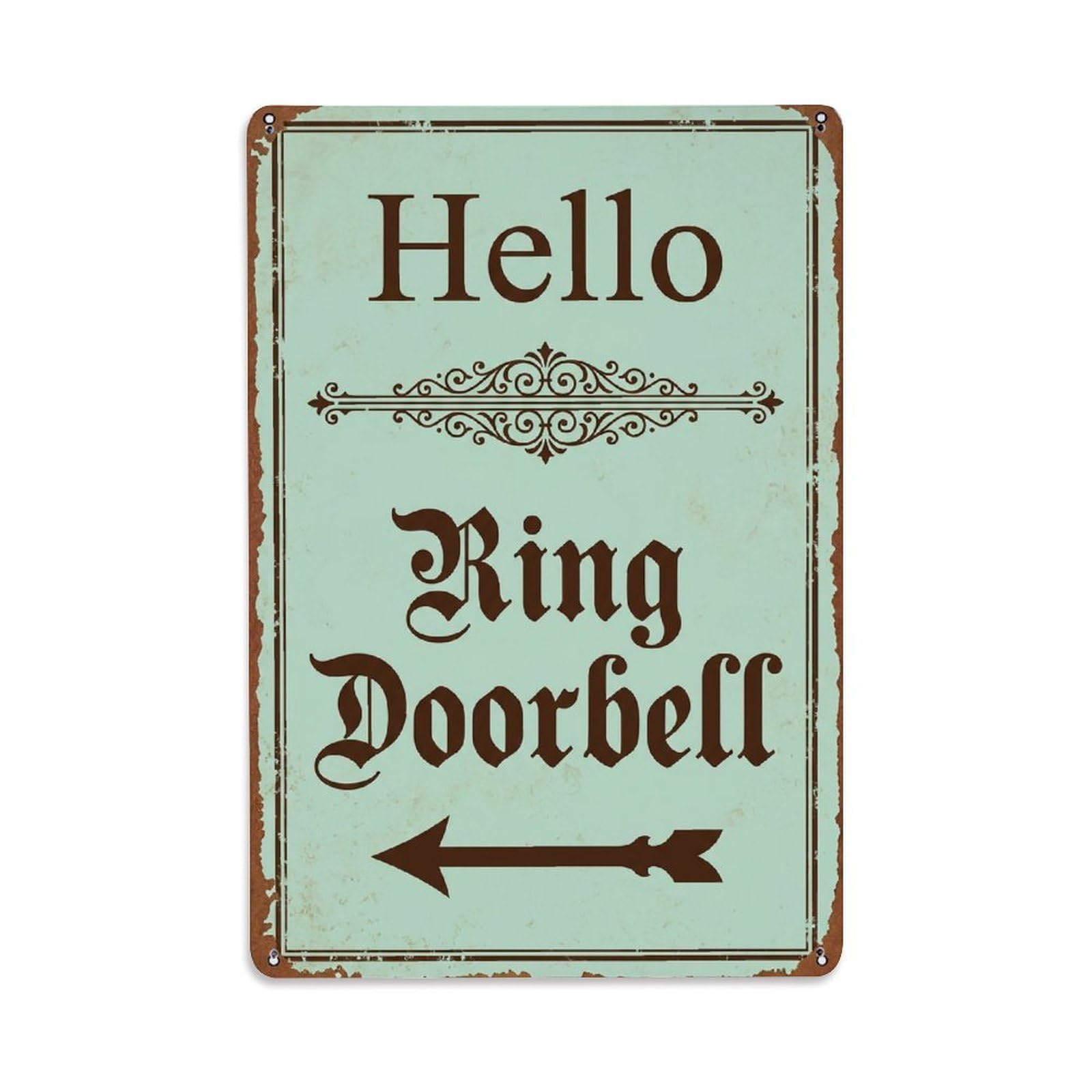 Metal Tin Sign Vintage Hello Ring Doorbell Arrow Border