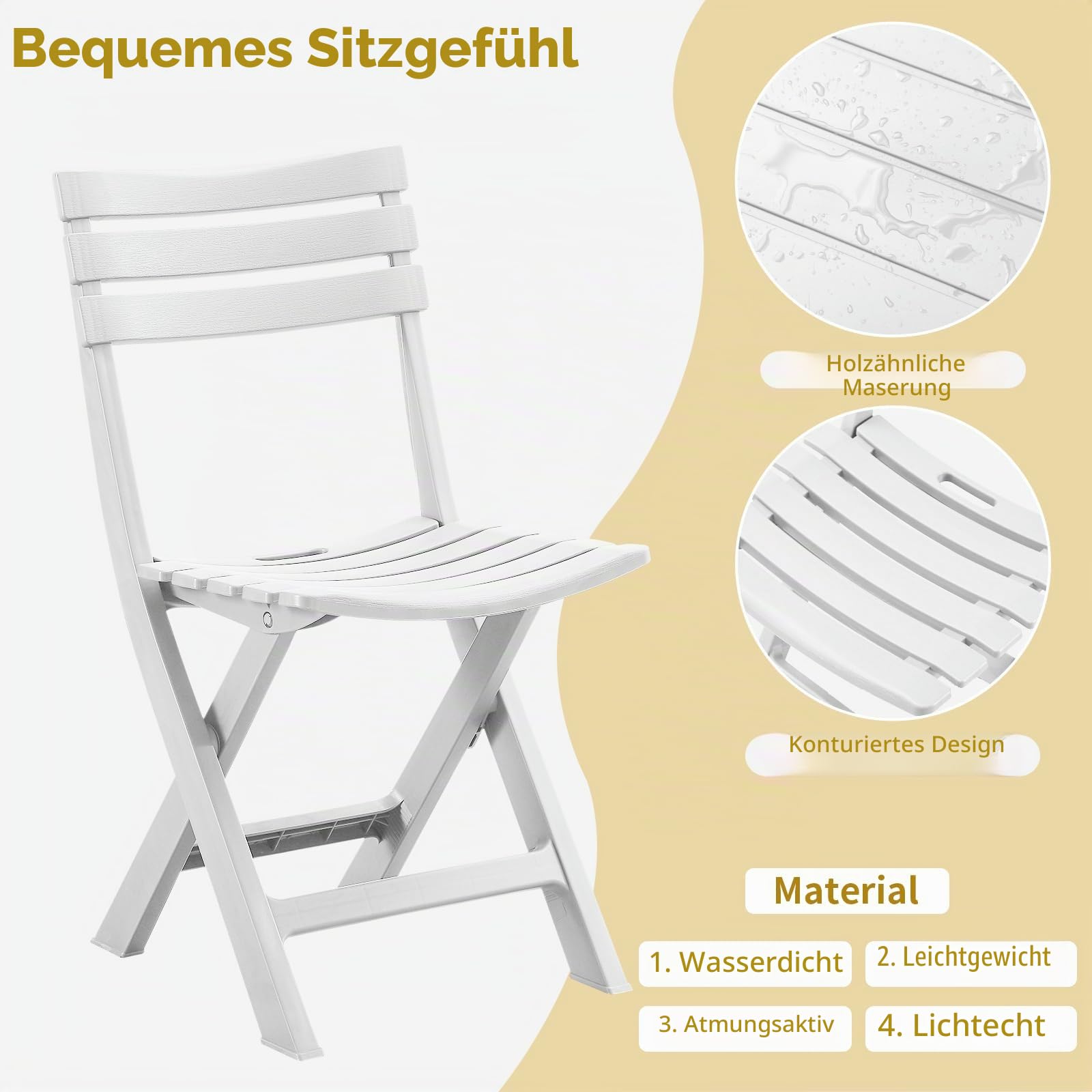 KAIHAOWIN Bistroset 3-teilig, Bistrotisch Mit 2 Stühlen Klappbare Balkontisch Set 2 Personen, Kleiner Gartentisch Kunststoff Mit 2 Stühlen, Balkonmöbel für Garten, Balkon, Weiß