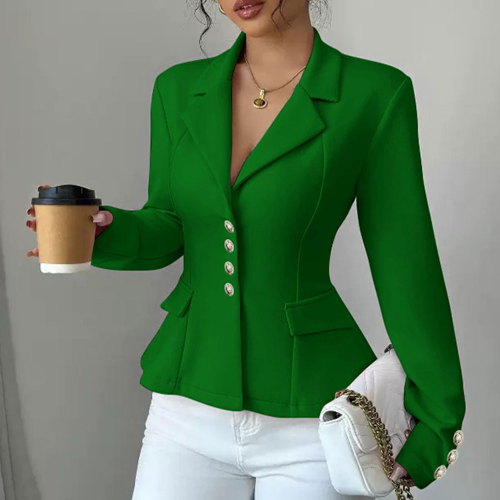 Veste Blazer Femme Chic et Elegant 2026 Oversize Grande Taille Blazers Classique Couleur Unie Bouton Revers Manteau Poches Pratiques pour Bureau et Travail