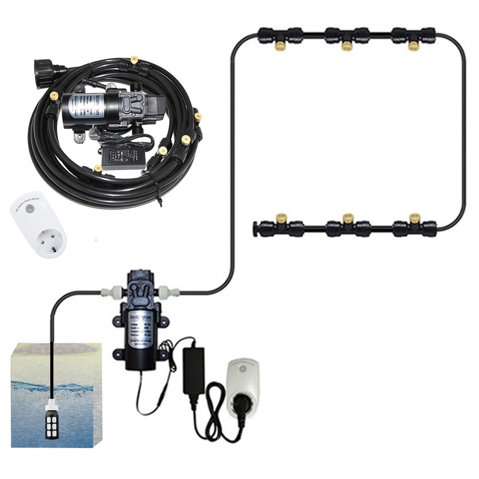 Sprühnebel Kühlung Terrasse Garten Gewächshaus Pavillon Wasserzerstäuber mit 12V Pumpe, Bewässerungssystem Outdoor Misting System Wasser Cooling Sprinkler System für Rasen, Blume, Outdoor