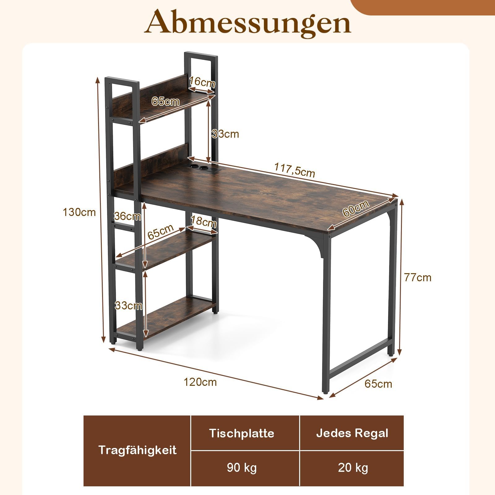 FANTASK Bureau avec bibliothèque Ouverte, Cadre en métal, Port USB et Prise de Courant, 120 x 65 cm, pour Bureau et Salon, Marron