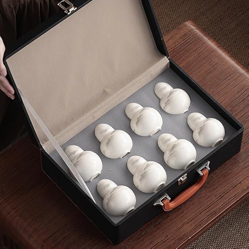 MsiDtsoy 羊脂玉風 磁器 酒器セット 16点 徳利8本+一口杯8個 高級ギフトケース付 山水・福禄デザイン 家飲み 宴会 来客 贈答用 日本酒/紹興酒対応 ひさご型小徳利 (B)