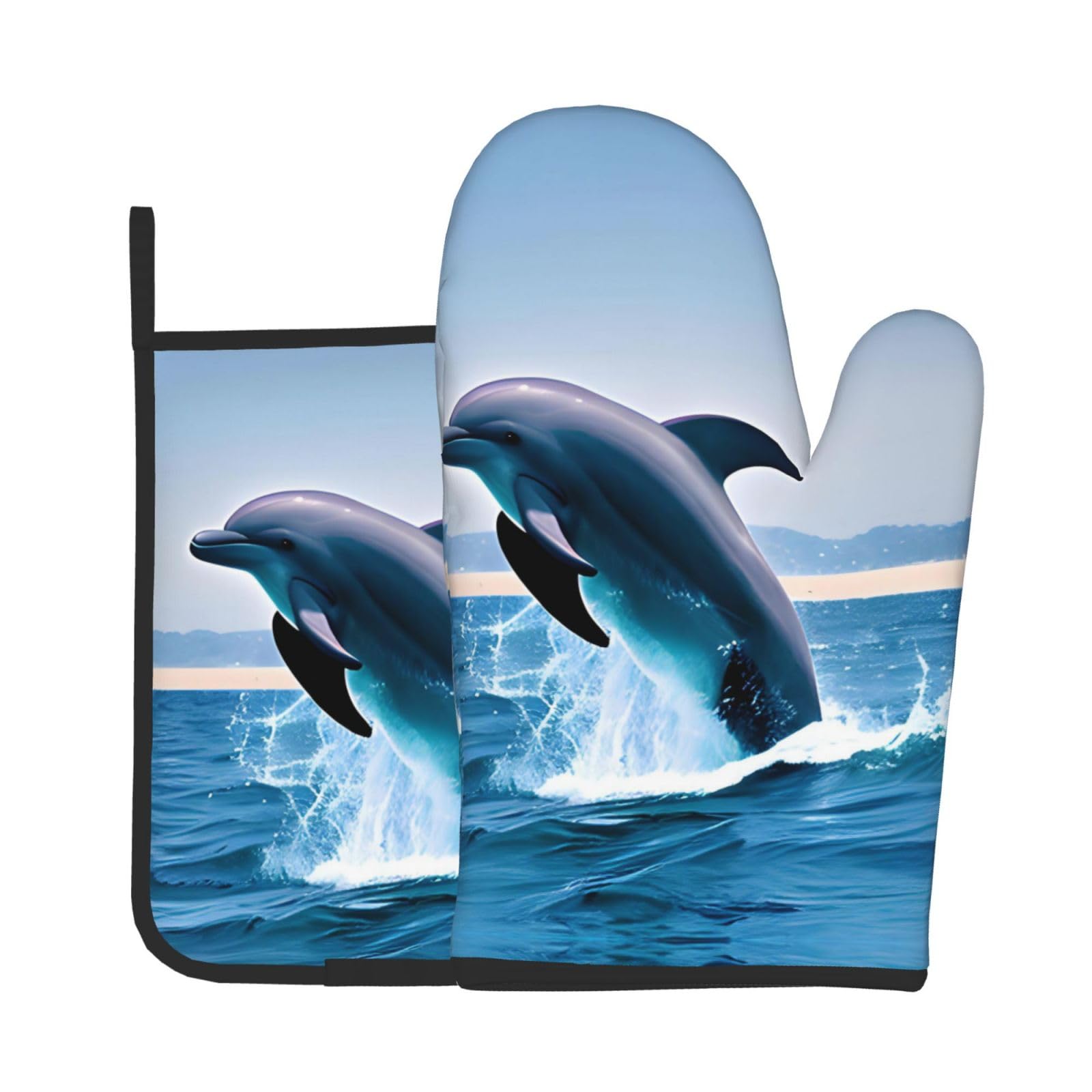 Oven Mitts and Potholders Set of 2 for Kitchen Baking Cooking GrayJumping up Dolphins Thick and Durable