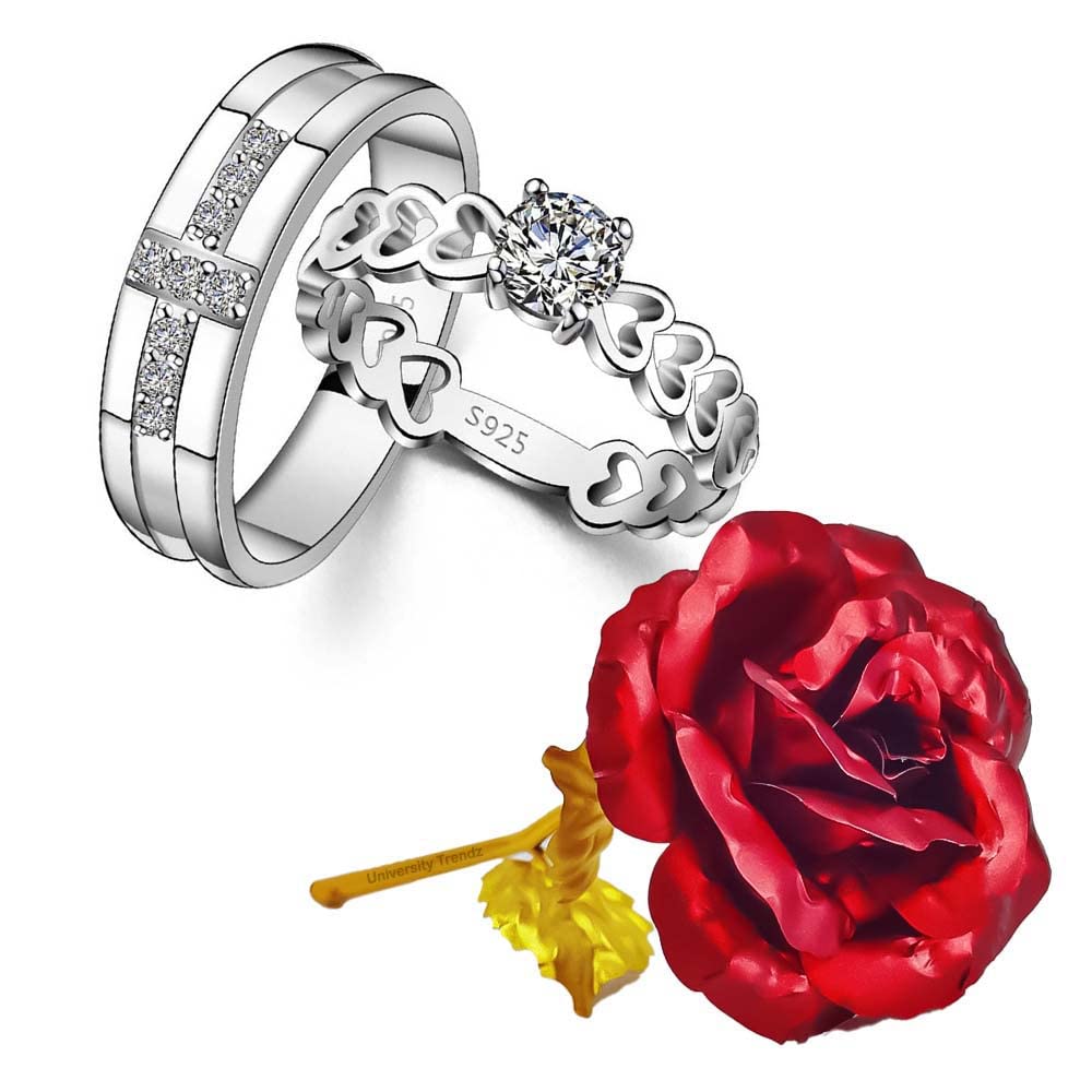 University TrendzValentine Special Silver Plated CZ Adjustable Couple Finger Ring for Men & Women with Artificial Red Rose Flower Box
