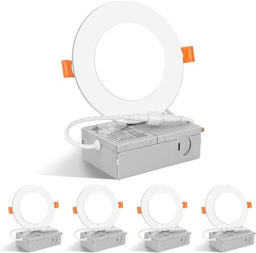 FORT Lámpara de techo empotrable LED de 4 pulgadas con caja de conexiones, paquete de 4, luz diurna de 5000 K, 10 W Eqv 80 W, 780 LM regulable,