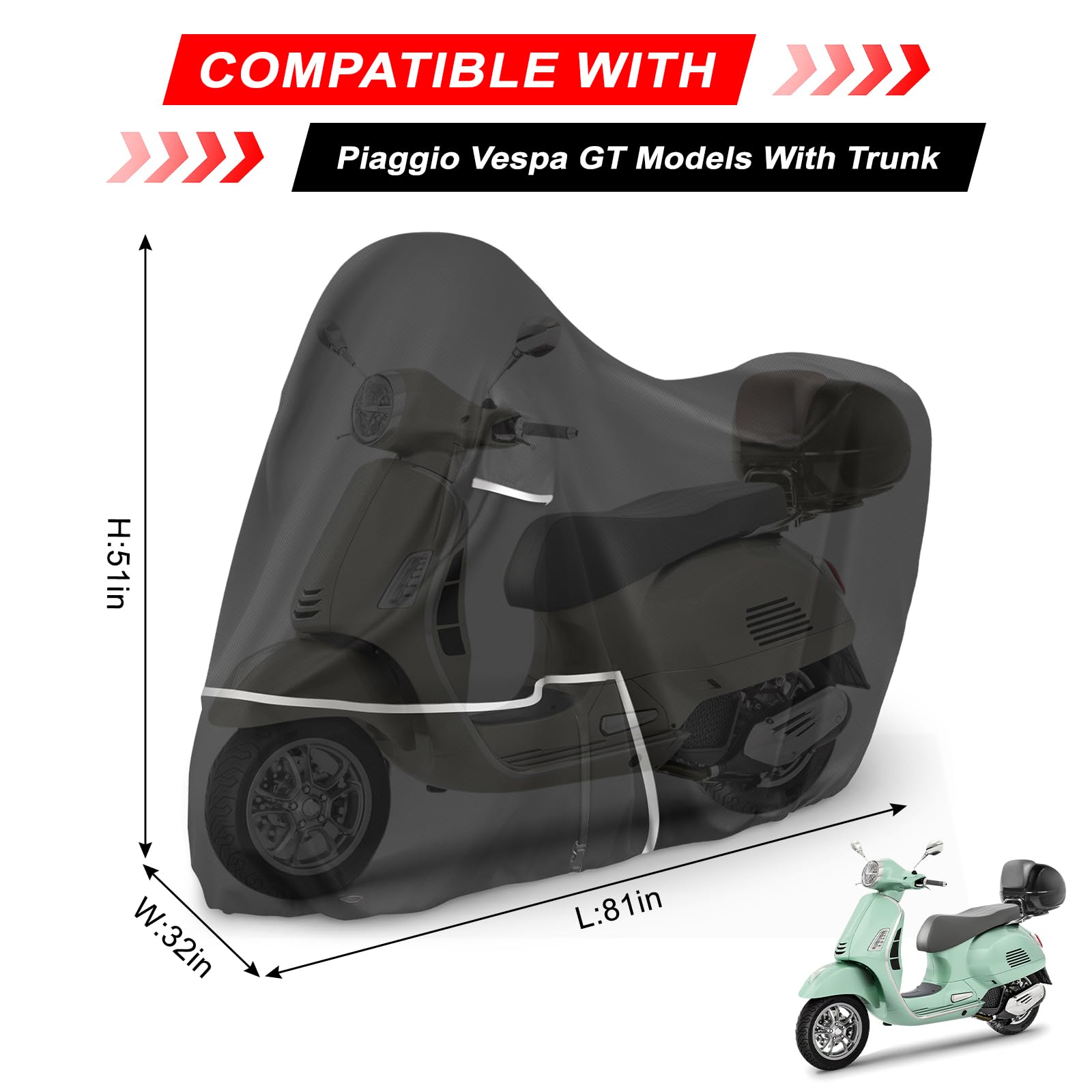 Telo Copri da Esterno per Piaggio Vespa GTV GTS GT60/125/200/250/300 (con bagagliaio), Telo Copertura Coprimoto Copri Moto Vespa 125 420D Tessuto Oxford Impermeabile Resistente All'inverno, Nero