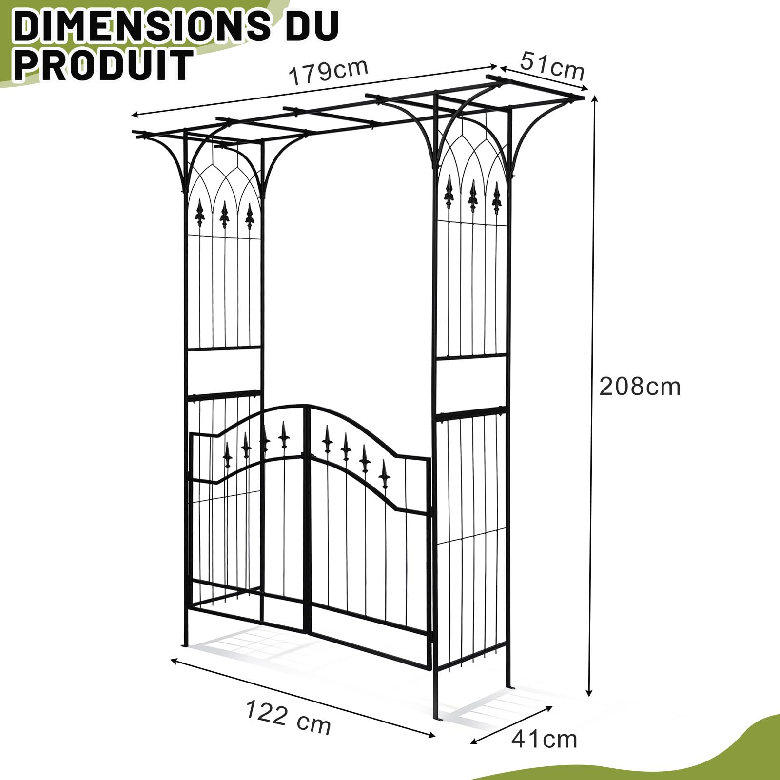 Arche de Jardin 208x179x51cm - Arche de rosiers adaptée aux Plantes grimpantes, Toit Plat Unique avec Porte intégrée, idéal pour la décoration extérieure