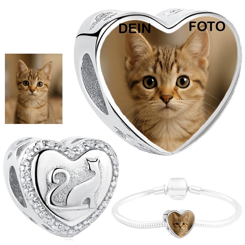 Silber 925 Personalisierter Schmuck Foto-Charm – Kompatibel mit Pandora-Armbändern, Liebe Herz Personalisiertes Geschenk – Fügen Sie Ihr Bild hinzu (Katze)