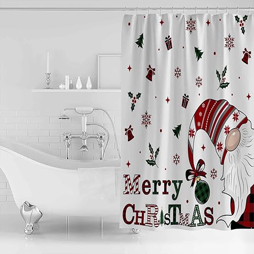 Miniatura 3 de zzsunfeel Juego de cortinas de ducha impermeables con 12 ganchos, caja de regalo de gnomo de Feliz Navidad, campana, copos de nieve, bayas, 72 x 72
