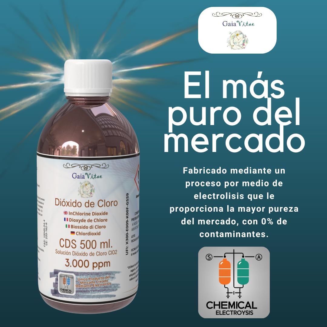 Gaia Vitae - CDS 3000 ppm – 500 ml Cristal Ámbar con Jeringa Estéril 10 ml – Solución Activada 0,3% en Agua Ultrapura
