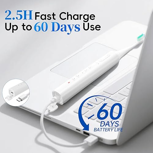 Miniatura 5 de SEIGA Cepillo de dientes eléctrico sónico para adultos, 5 modos de limpieza y 3 intensidades, cepillo de dientes inteligente recargable con 2