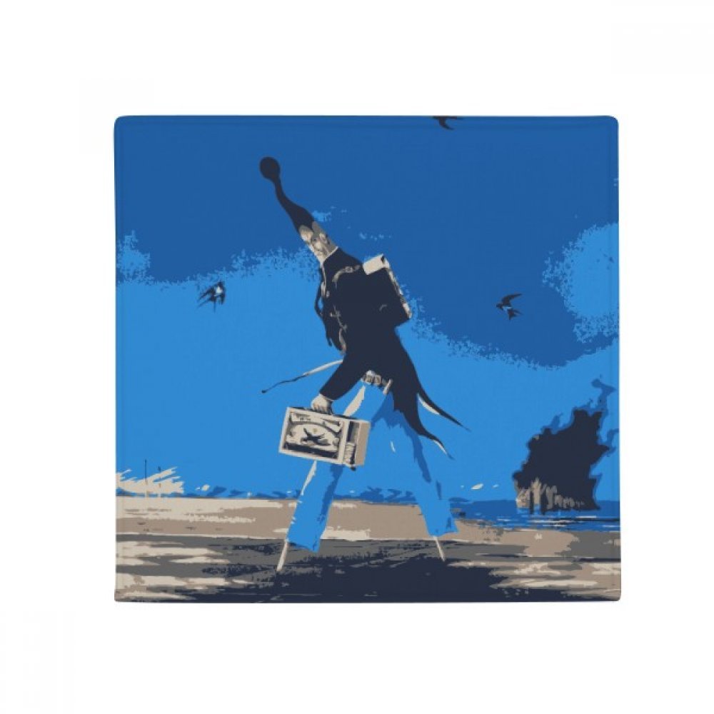 Tapis de sol cuisine et salon illustration bleu grotesque 50x50 cm carré