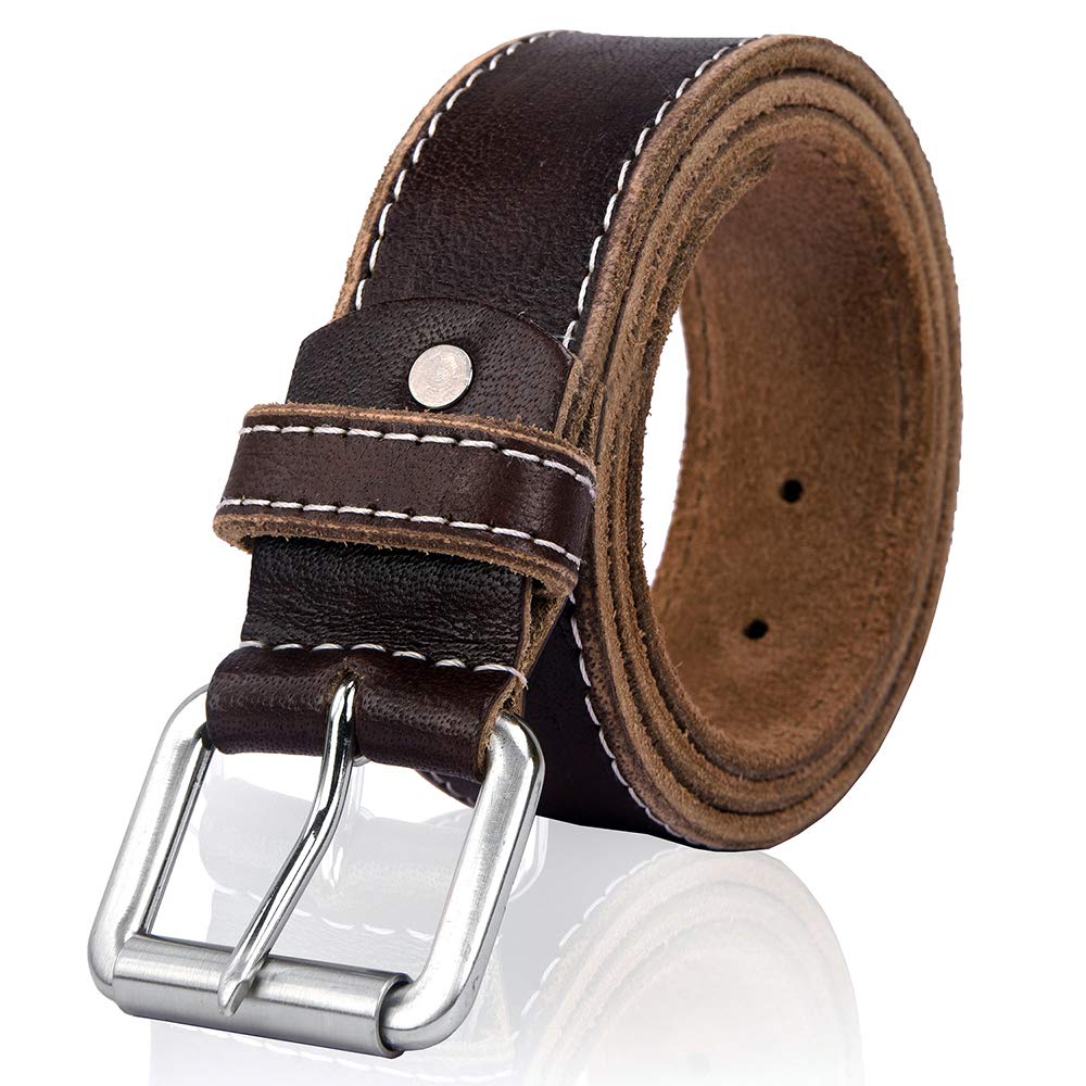 Mens Genuine Leather Full Grain Stitched Buckle Casual Belt for Trousers (34-36, BROWN)