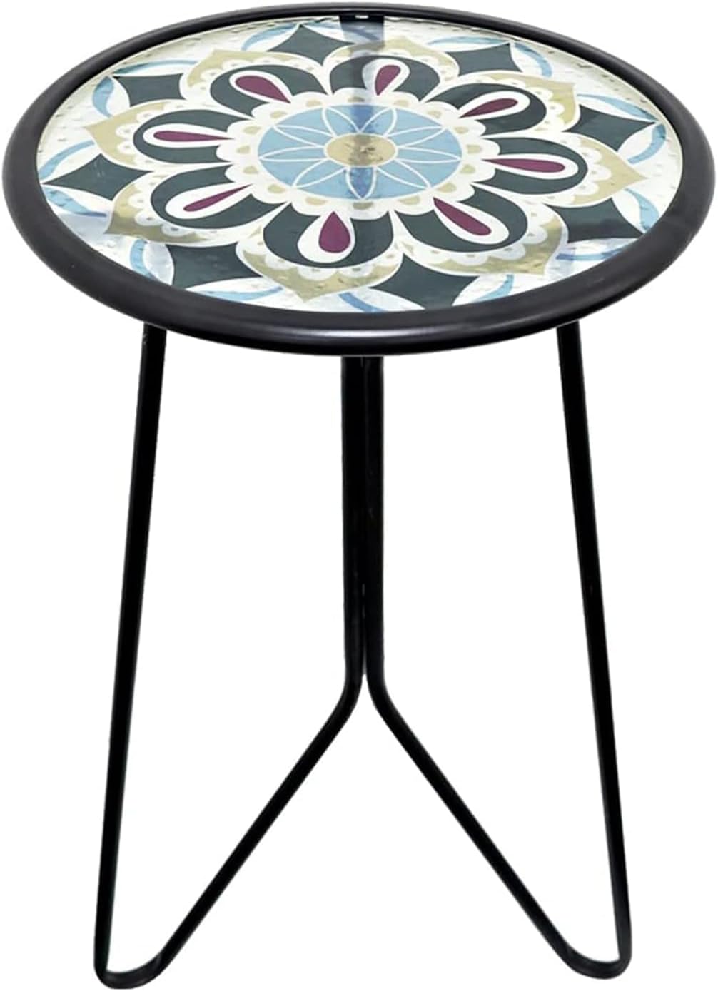 LIFFY Outdoor Side Table, 12 Inch Indoor Outdoor Round Glass Tabletop Accent Table with Metal Frame Decorative Plant Stand & End Table for Patio, Garden, Kitchen, Porch