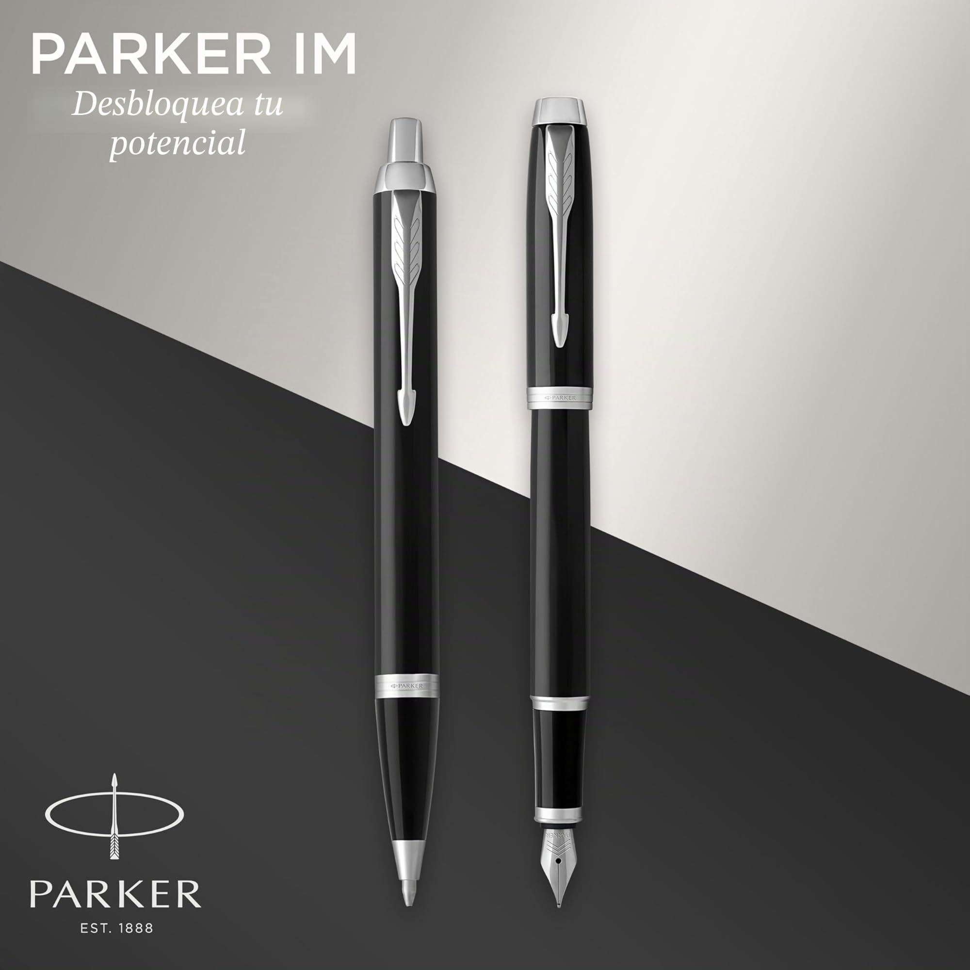 Parker IM Set de regalo Duo Pen | Pluma estilográficabolígrafo y estuche | Acabado lacado negro con adornos cromados | Punta media | Recargas de tinta azul | Regalos de graduación perfectos