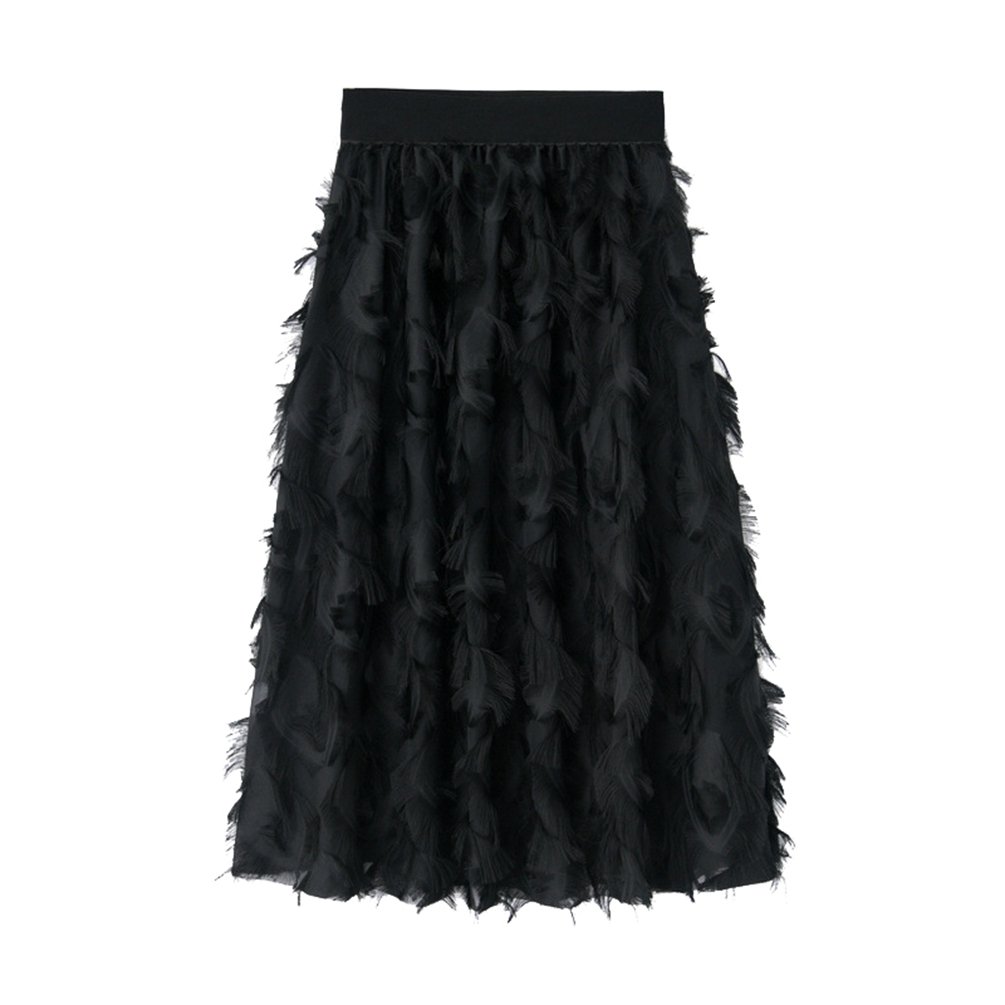 Yiiquanan Women's Elegant Retro Elastic Waist Band Faux Feather Stitching Pleated Big Swing Maxi Skirt (Black, One Size)