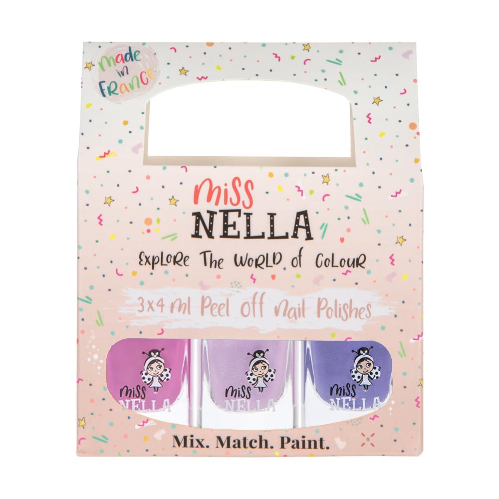 Miss Nella Kids Nail Polish Set – Purple Unicorn (3-Pack) | Water-Based, Peel-Off, Non-Toxic, Odour-Free | Safe Nail Varnish for Children