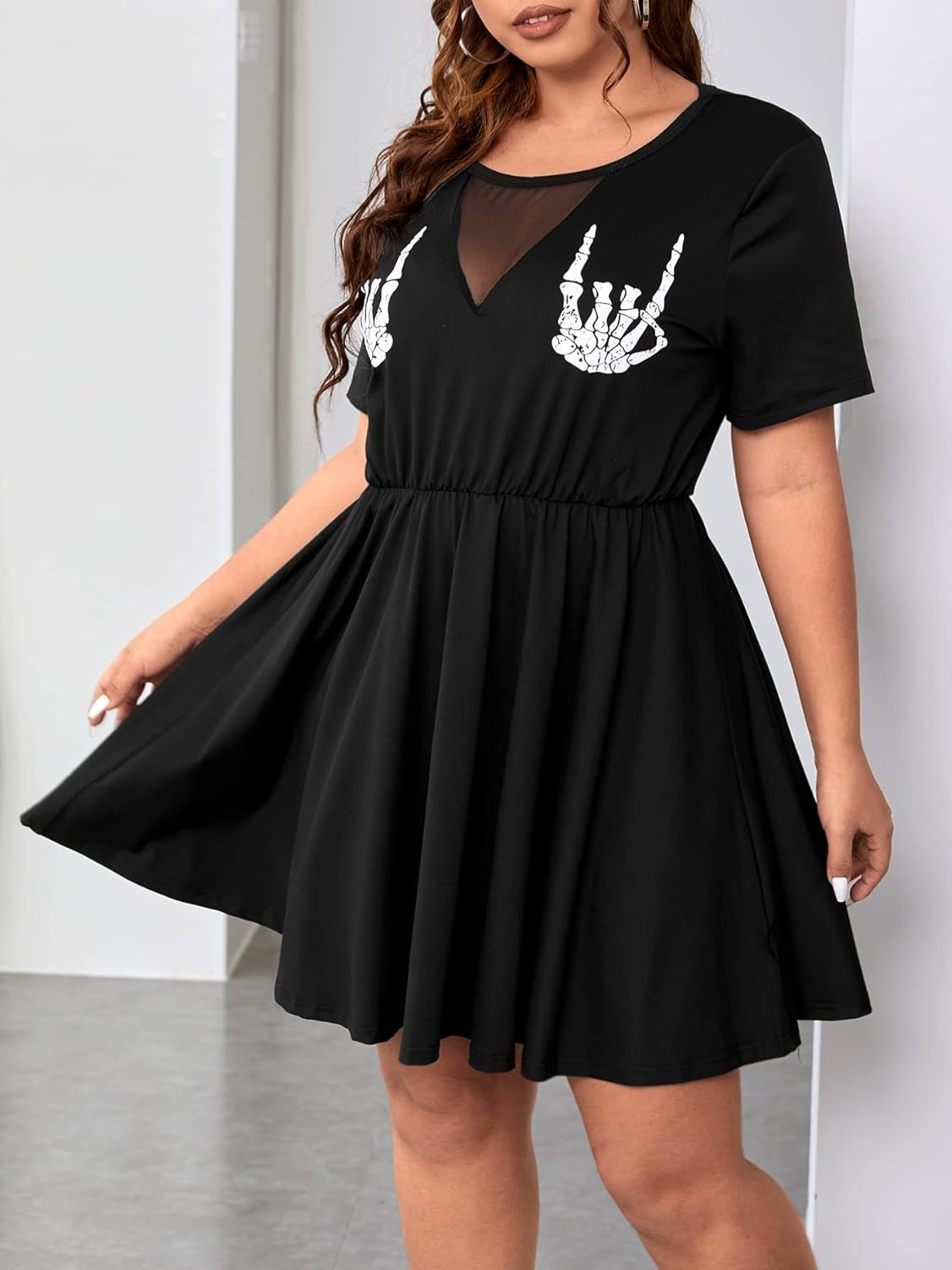 WDIRARA Women's Plus Size Contrast Mesh Cute Dress Skull Print A Line Dress Skeleton Hand Print Dresses
